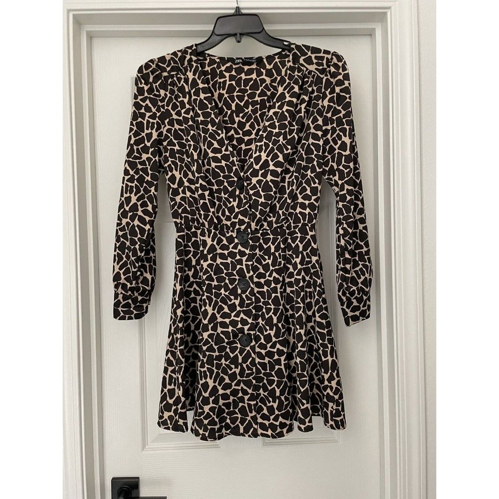 Zara Brown giraffe Animal Print Full Button Down Dress V Neck size XS